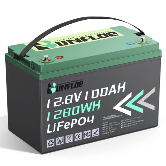 Bunfloe 12V 100Ah Lithium Battery LiFePO4, 12V Deep Cycle 8000 Rechargeable, Support in Series/Parallel, Built-in 100A BMS, Perfect for RV Camping, Marine, Trolling Motor (100AH)